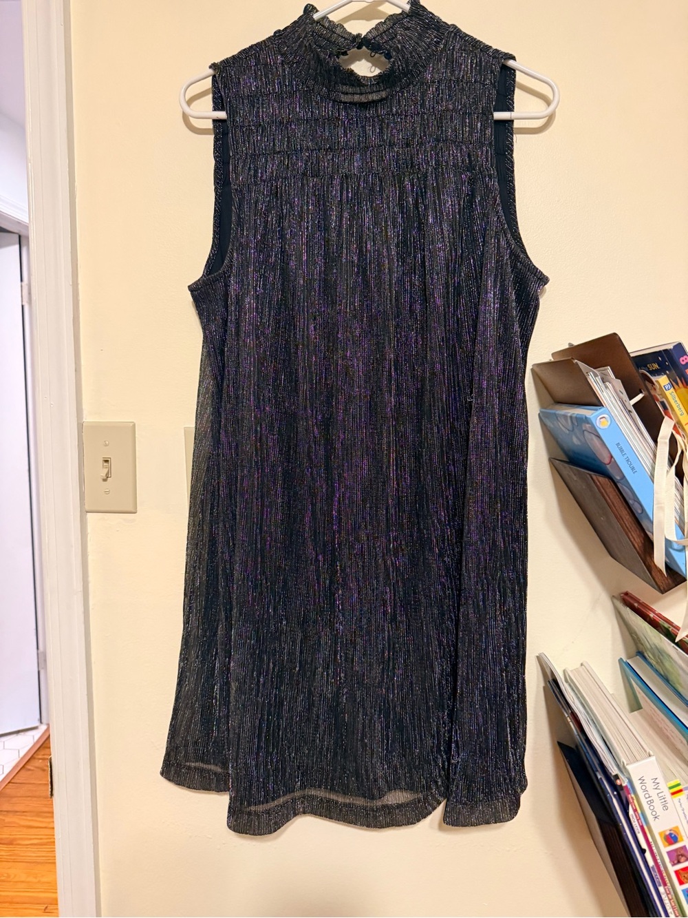 Sleeveless Metallic Sheen Mock Neck Dress - Black/Purple